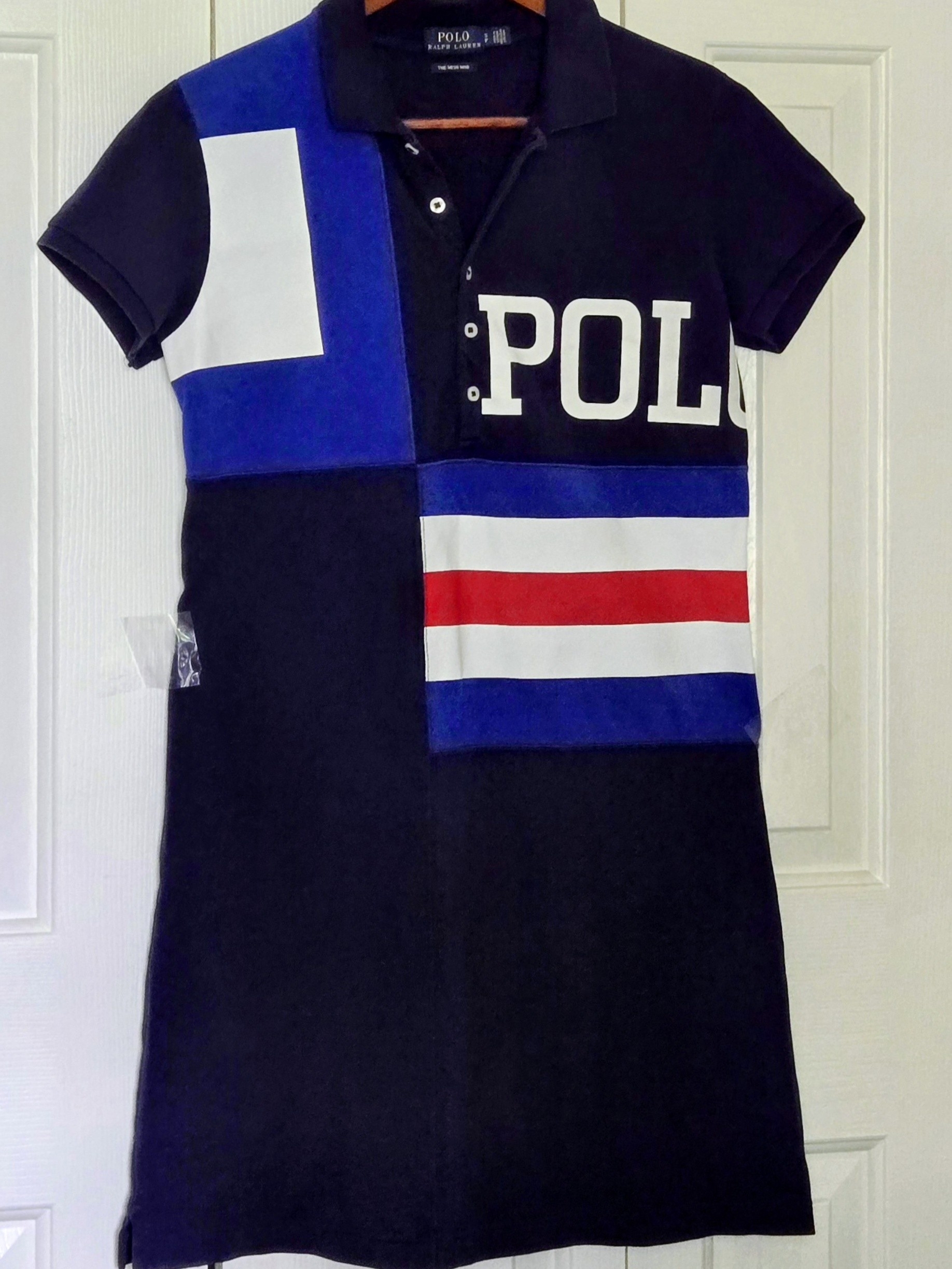Polo By Ralph Lauren Navy Blue & White Colorblock Polo Dress With Red Stripe